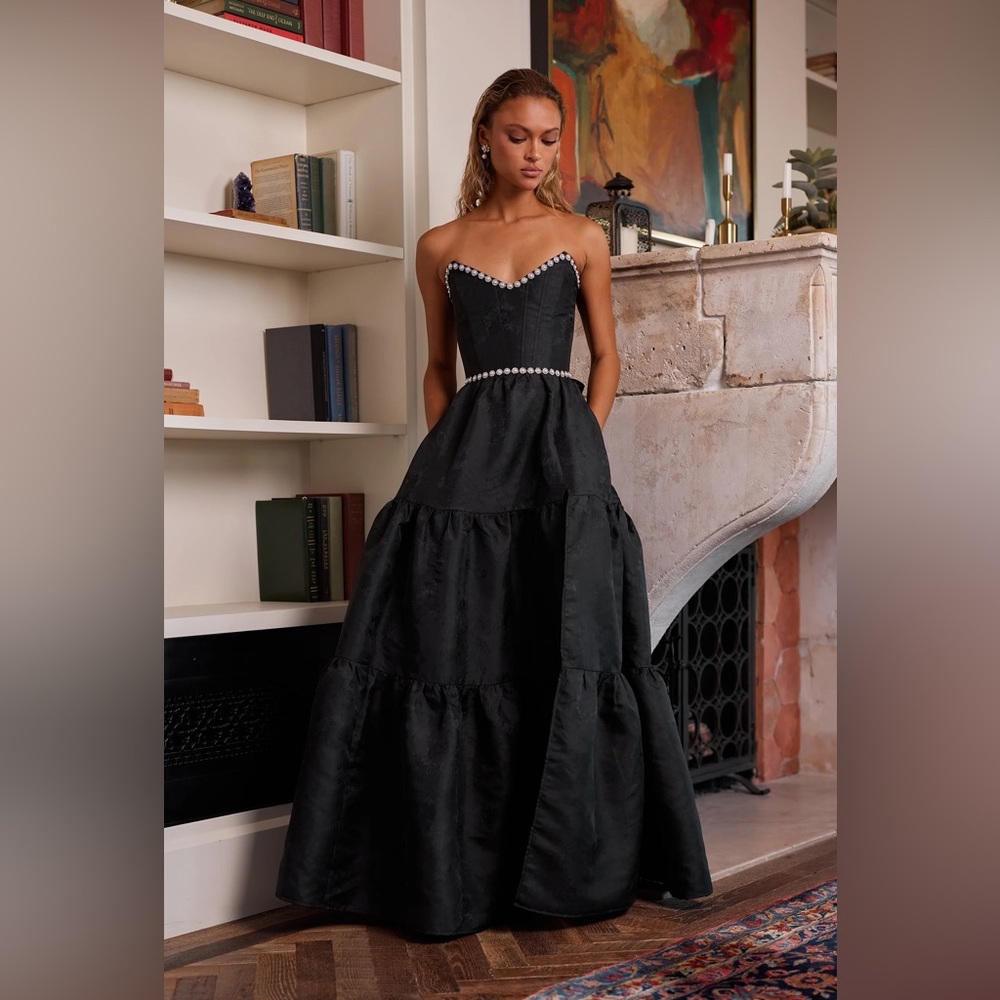 V. Chapman Black Strapless Pearl-Trim Ball Gown